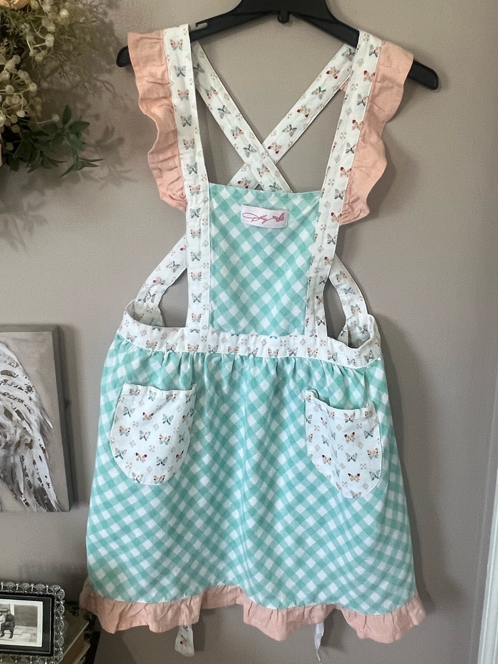Mint Gingham Ruffle Apron with Peach Accents